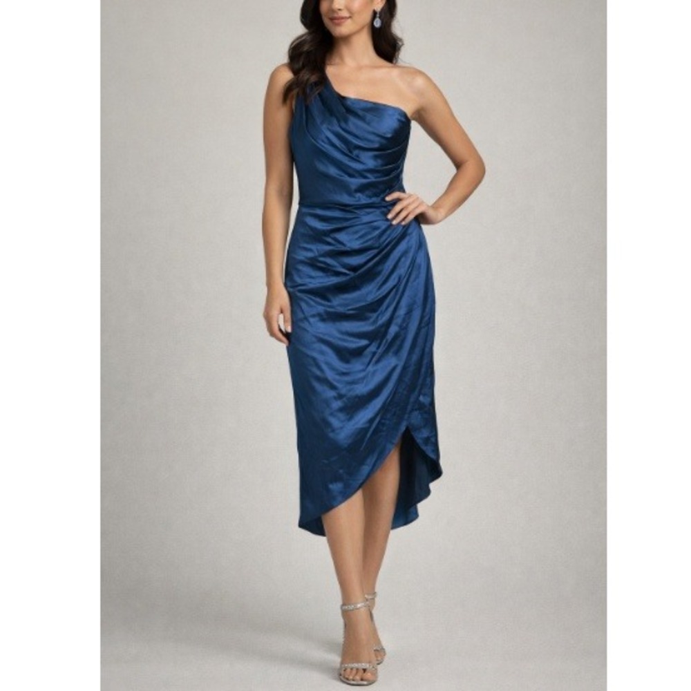 Ryanth Women's Blue One Shoulder Ruched Satin Midi Dress Size 4 NWT